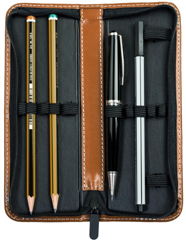 Lehrer Stifteetui mit Reißverschluss 10 + 2 - CAMBRIDGE Top Grain Leder - hellbraun